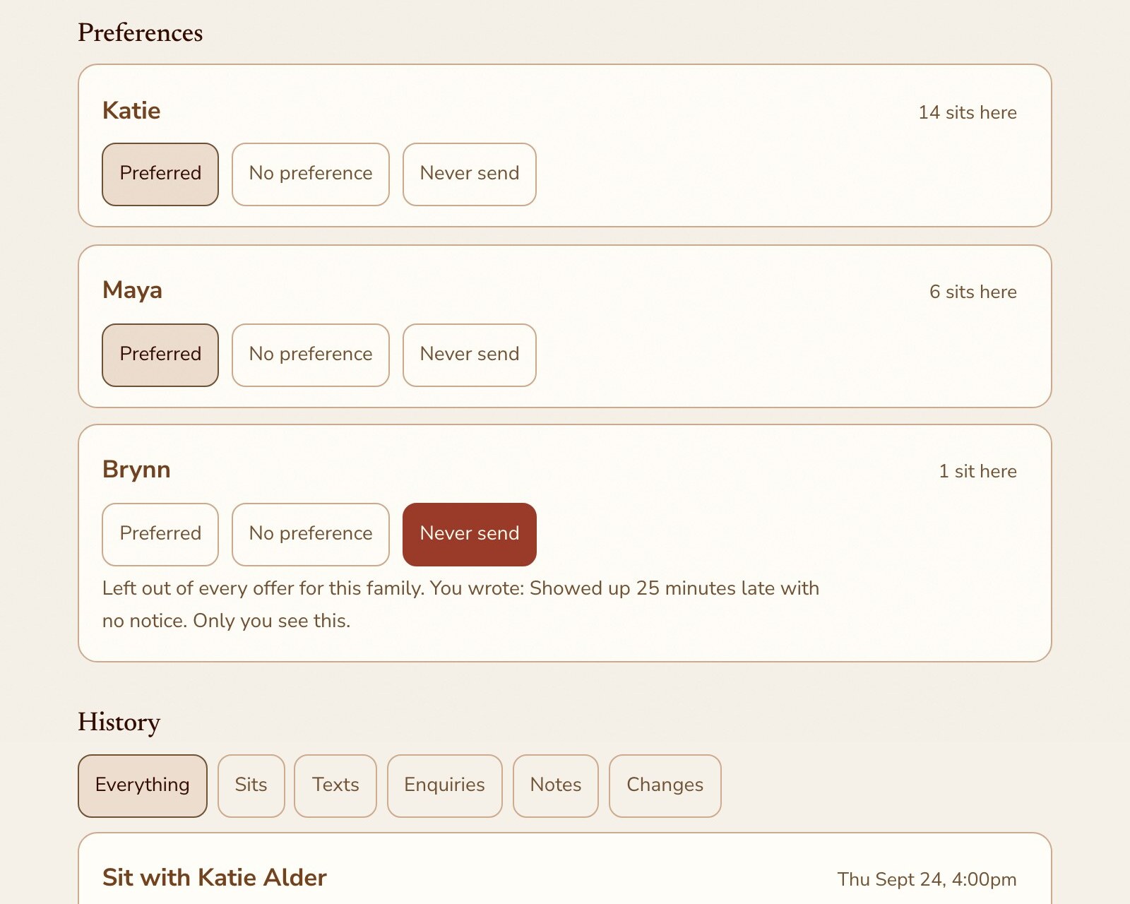 A family record: three sitters with Preferred, No preference and Never send buttons, one marked Never send with the owner’s private note, and the start of the family’s history, filterable by sits, texts, enquiries, notes and changes.