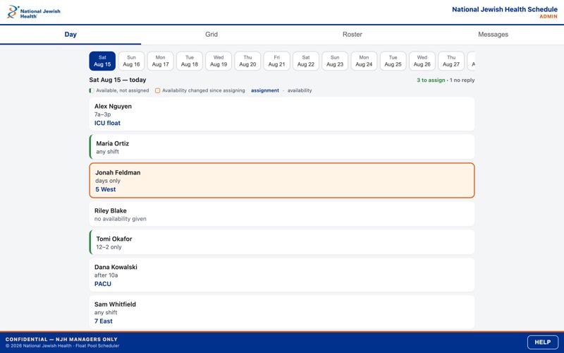 The scheduler's Day view: staff rows with availability, assignment, and colour-coded status.