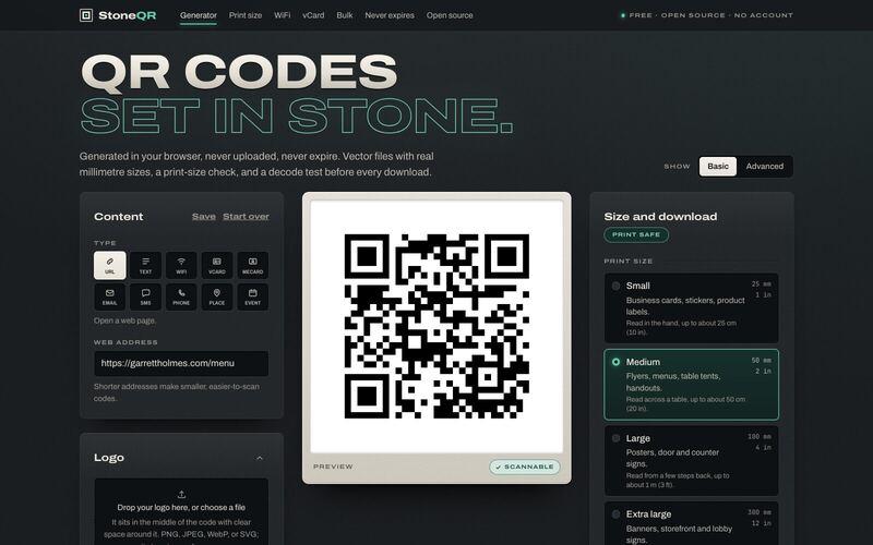 StoneQR: a QR code being built in the browser, with export options beside it.
